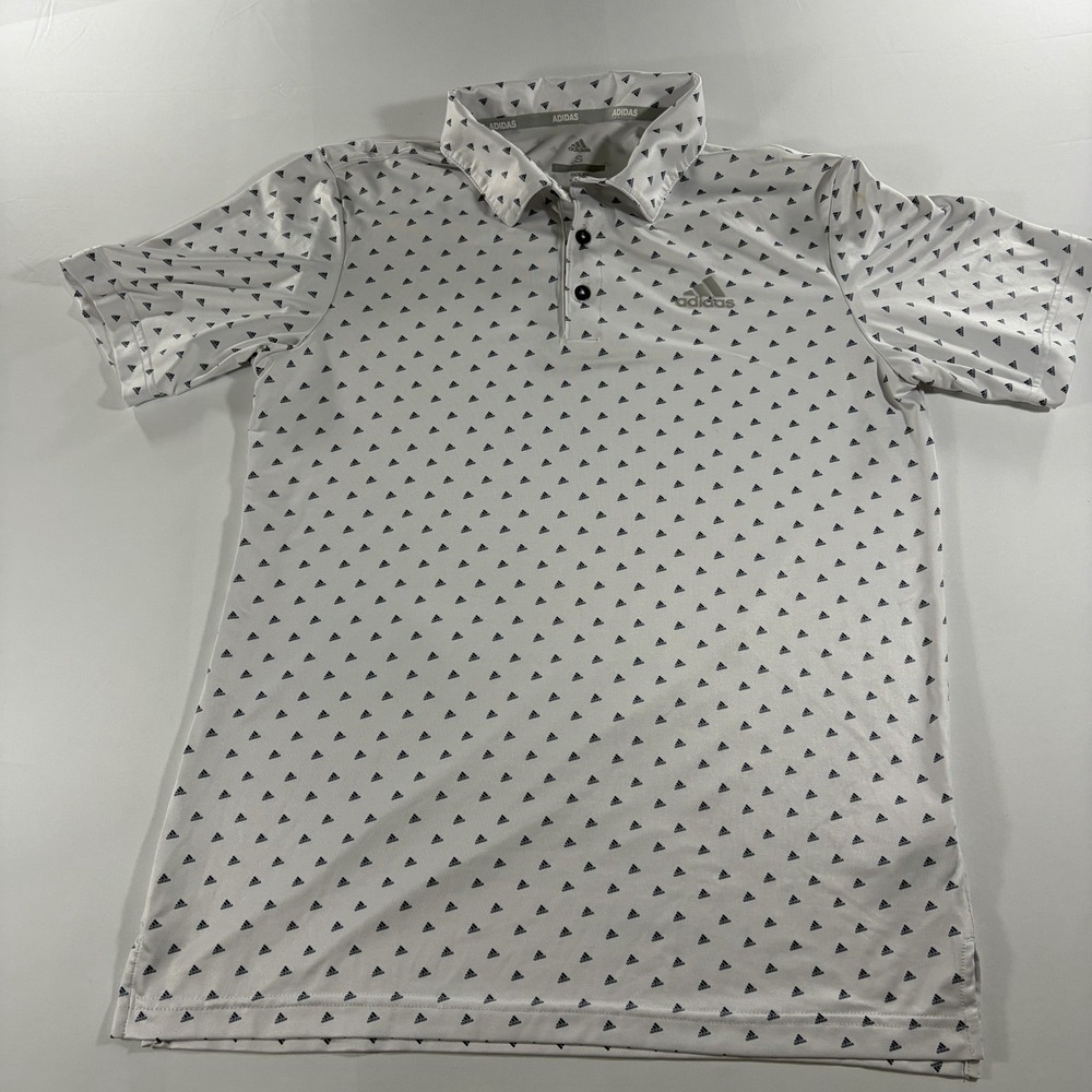 Adidas Shirt Mens Small  White Short Sleeve Logo Golf Polo Performance AOP